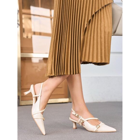 Women's Beige Slingback Kitten Heels Low Heel Closed Pointed Toe Pumps Buckle - Picture 2 of 5